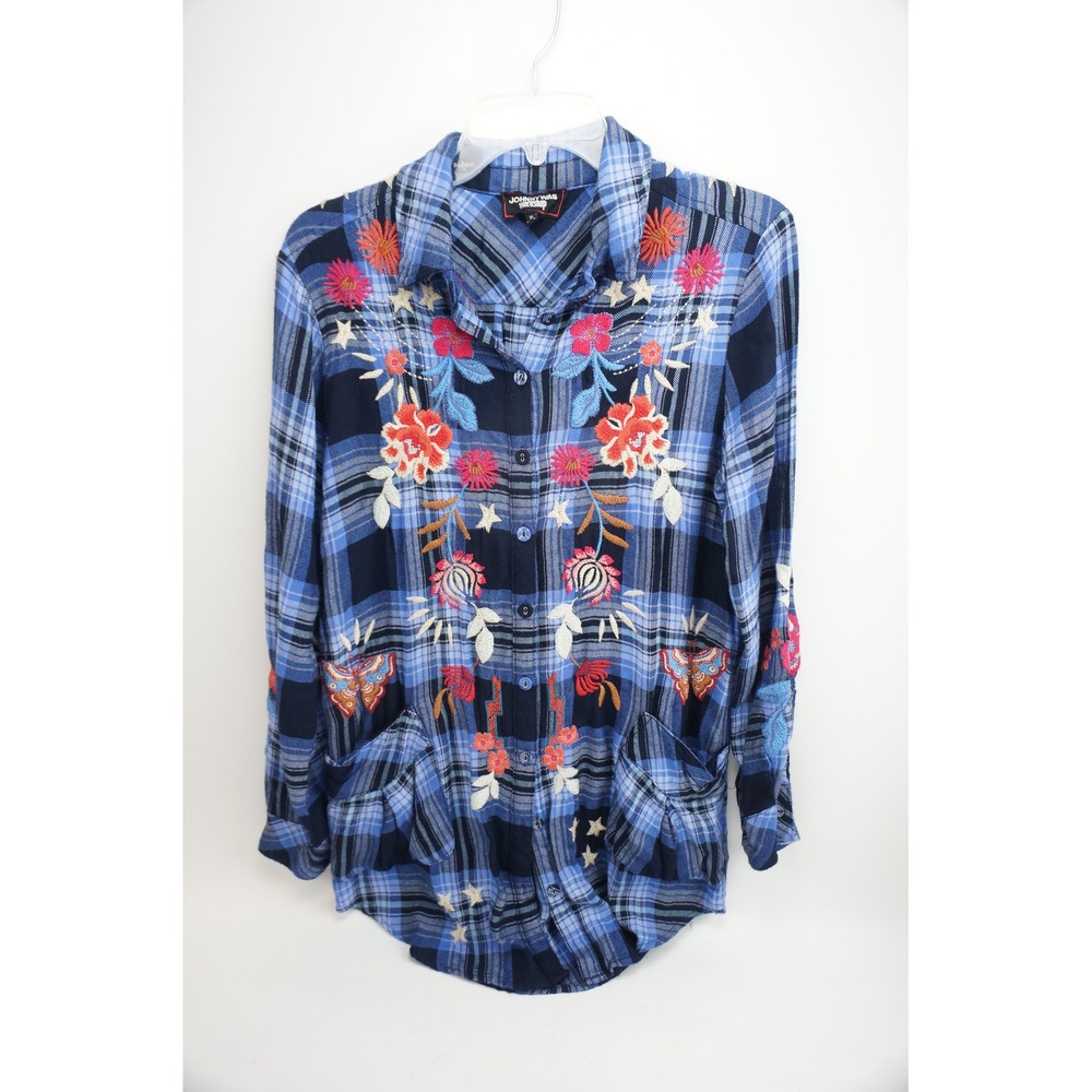 Johnny Was Workshop Mika Painter's Smock Shirt XS Blue Plaid Floral EUC